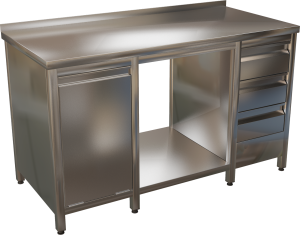 KSPZVK - Nerezový pracovný stôl s blokom troch zásuviek a výklopným košom